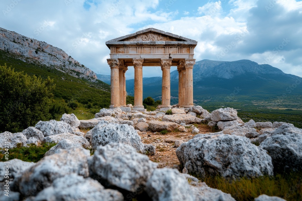 Minimalist ruins of an ancient civilization, portrayed in simple lines with soft shades of gray Minimalist ruins of an ancient civilization, portrayed in simple lines with soft shades of gray