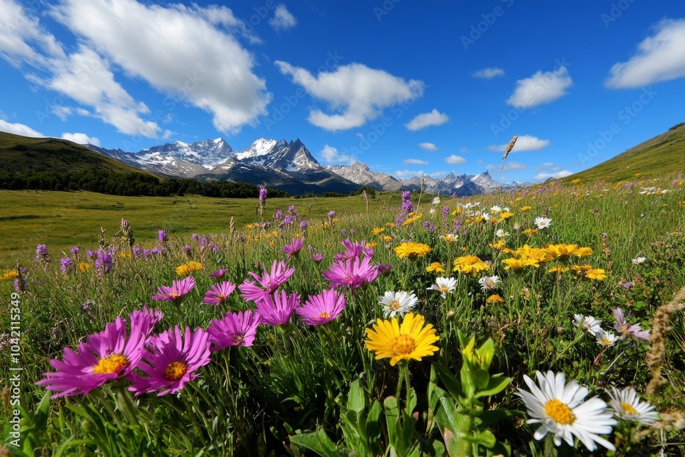 Fototapeta premium Monte Fitz Roy framed by vibrant wildflowers in the summer, adding a touch of color and life to the rugged, mountainous backdrop