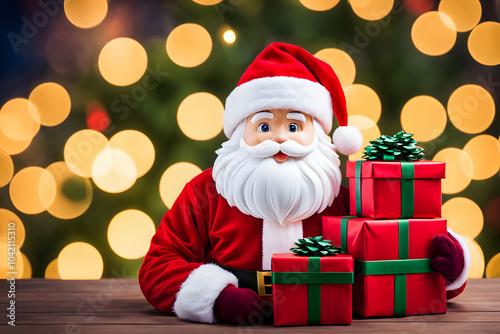 christimas gift and santa with copy space background bokeh