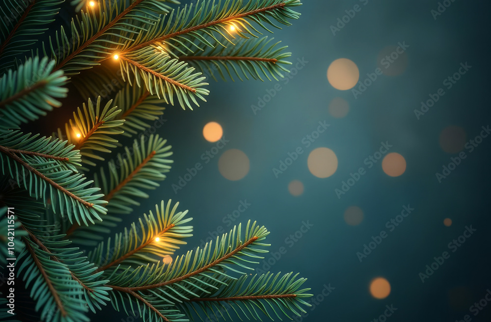Pine branches with soft glowing lights against blurred warm background with space for text. Concept for greeting card, banners Pine branches with soft glowing lights against blurred warm background with space for text. Concept for greeting card, banners