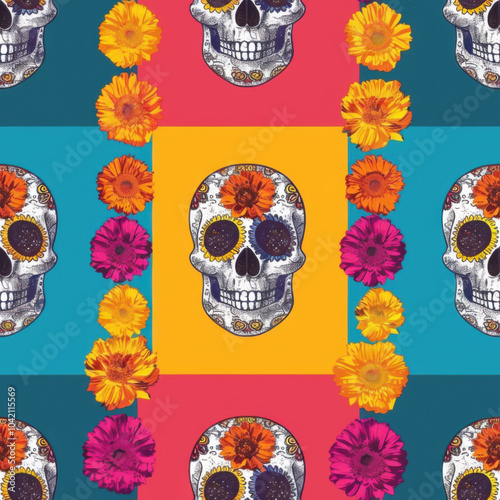 Sugar skull in different colors and marigold flower pattern for Day of the Dead. Color background. Dia de los Muertos. Modern illustration.