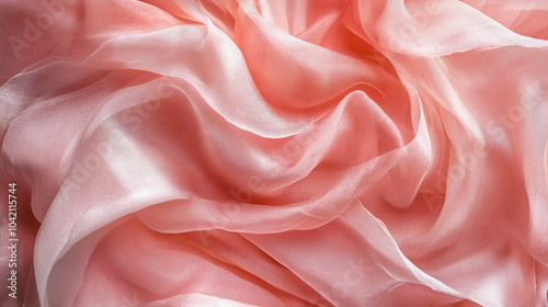 Soft, flowing pink fabric drapes elegantly on a surface, creating delicate textures and patterns