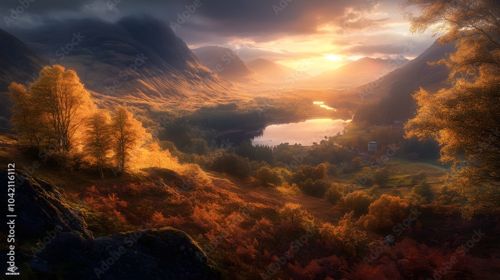 Fototapeta premium Breathtaking sunset over a tranquil valley with autumn foliage and shimmering lake.