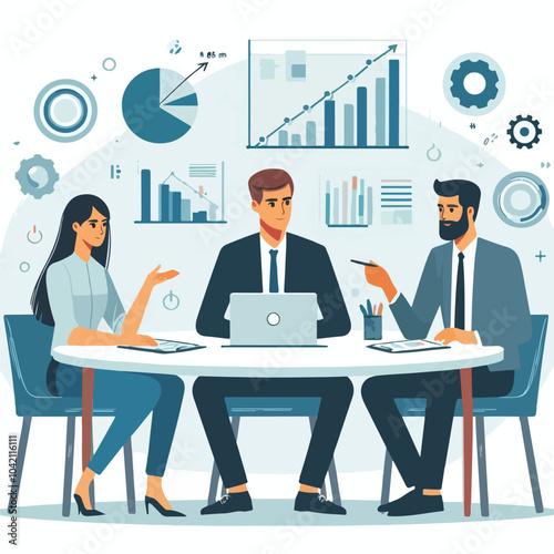 Partners meeting for business discussion with documents and laptop on desk. Couple at round table, speaking, discussing work, partnership. Flat vector illustration isolated on white background