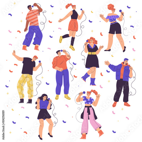 People Character Singing with Microphone Enjoy Karaoke Vector Set