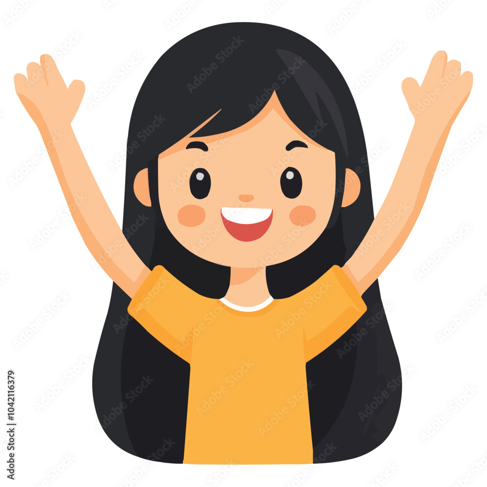 A cute girl is cheering with her hands raised up A cute girl is cheering with her hands raised up