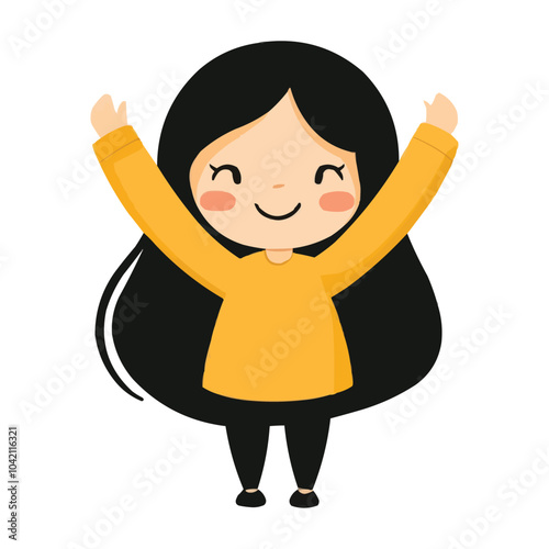 A cute girl is cheering with her hands raised up