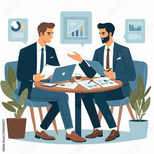 Partners meeting for business discussion with documents and laptop on desk. Couple at round table, speaking, discussing work, partnership. Flat vector illustration isolated on white background