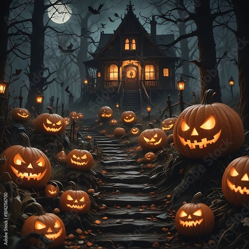 Mysterious and Spooky Halloween Scenes with Pumpkins, Ghosts, Haunted Houses, Dark Forests, Bats, Skeletons, and Eerie Atmospheres Perfect for Creating a Creepy and Chilling Vibe for the Halloween