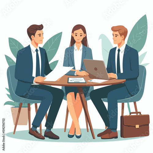 Partners meeting for business discussion with documents and laptop on desk. Couple at round table, speaking, discussing work, partnership. Flat vector illustration isolated on white background
