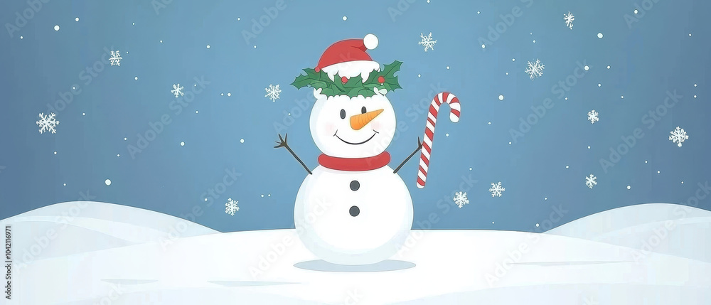A cheerful snowman wearing a Santa hat, adorned with a wreath, holding a candy cane, set against a snowy background. A cheerful snowman wearing a Santa hat, adorned with a wreath, holding a candy cane, set against a snowy background.
