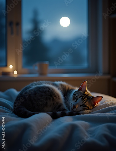 A cat curled up on a soft blanket near a window, with the moonlight shining in from outside and illuminating the room softly.