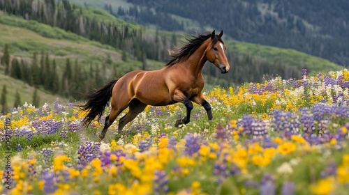 A majestic brown horse galloping through a vibrant field of wildflowers.