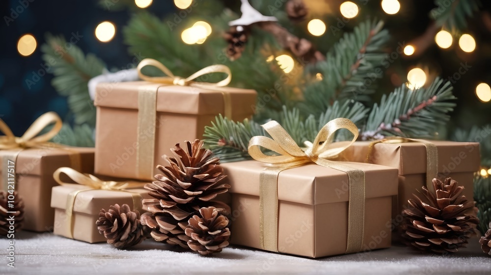 Christmas tree branches with gift boxes, bokeh lights decoration, Christmas day holiday celebration blur background, 25th December Christmas tree branches with gift boxes, bokeh lights decoration, Christmas day holiday celebration blur background, 25th December