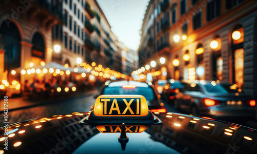 Ein Taxi mit beleuchtetem Schild auf einer nächtlichen Straße in der Stadt, copy space photo