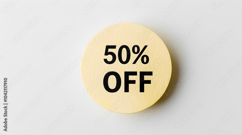 Black '50% OFF' Text on a Light Yellow Round Paper Note. White Background with Copy Space Black '50% OFF' Text on a Light Yellow Round Paper Note. White Background with Copy Space
