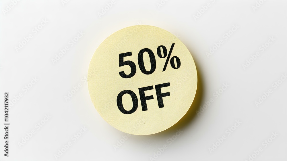 Black '50% OFF' Text on a Light Yellow Round Paper Note. White Background with Copy Space Black '50% OFF' Text on a Light Yellow Round Paper Note. White Background with Copy Space
