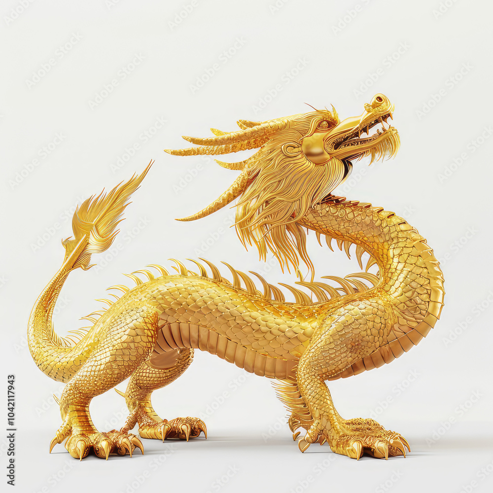 Fototapeta premium A majestic golden dragon with intricate scales and fierce expression isolated on white background, symbolizing power and prosperity in various cultures.