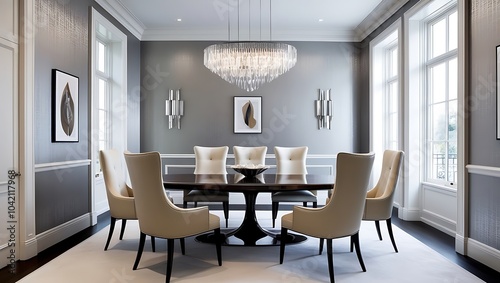 Dining room with luxury wallpaper and sleek modern furnishings