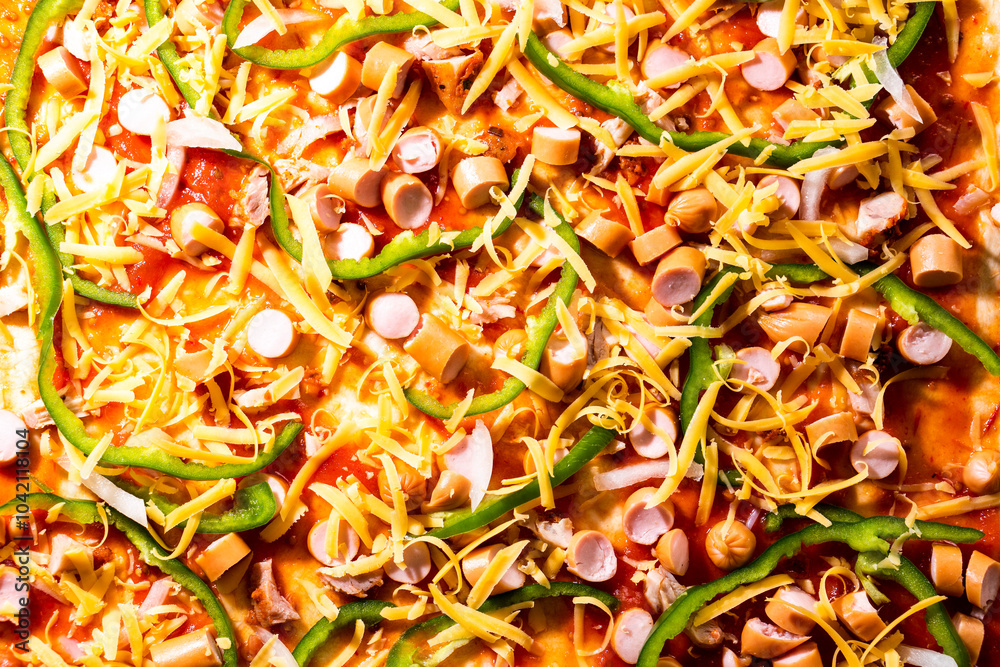 Pizza with hot dogs, cheese and vegetables. Food concept Pizza with hot dogs, cheese and vegetables. Food concept
