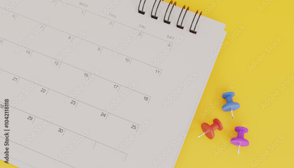Scheduling and planning concept, calendar with pins on white yellow background. Scheduling and planning concept, calendar with pins on white yellow background.