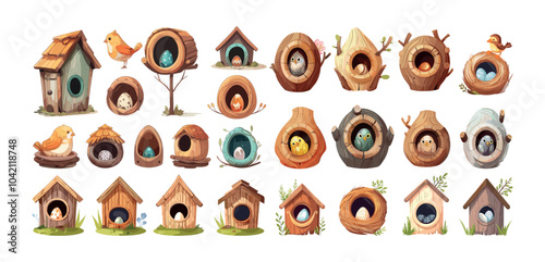 Bird houses cartoon vector set. Nest eggs timber dwelling tiny songbirds huts little homes, wooden nesting handmade flying animals den shelter roost, isolated illustrations on white background