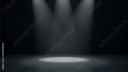 A contemporary stage with sleek black flooring, no backdrop, and soft white lighting creating a clean, minimalist, and empty atmosphere.