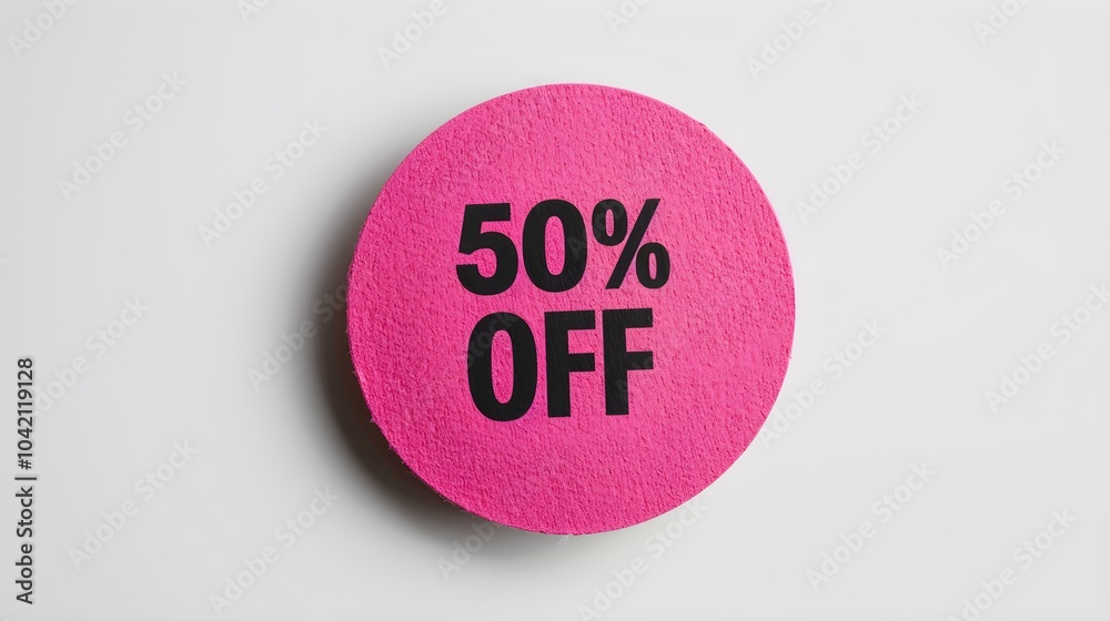 Black '50% OFF' Text on a Magenta Round Paper Note. White Background with Copy Space Black '50% OFF' Text on a Magenta Round Paper Note. White Background with Copy Space