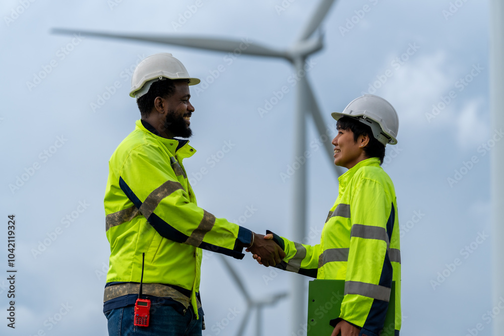 Two energy engineers for the concept of renewable energy of wind power plant. Wind energy. Energy engineer. Industrial technology. Wind turbine maintenance. Two energy engineers for the concept of renewable energy of wind power plant. Wind energy. Energy engineer. Industrial technology. Wind turbine maintenance.