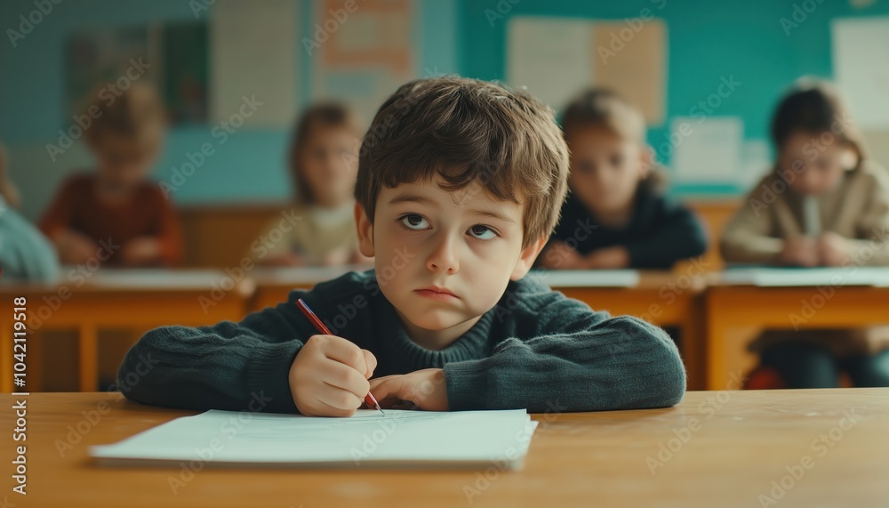 Caucasian Young Boy Student In Elementary School Feeling Upset And Depressed During Exam Test With Teacher At Kindergarten. Caucasian Young Boy Student In Elementary School Feeling Upset And Depressed During Exam Test With Teacher At Kindergarten.