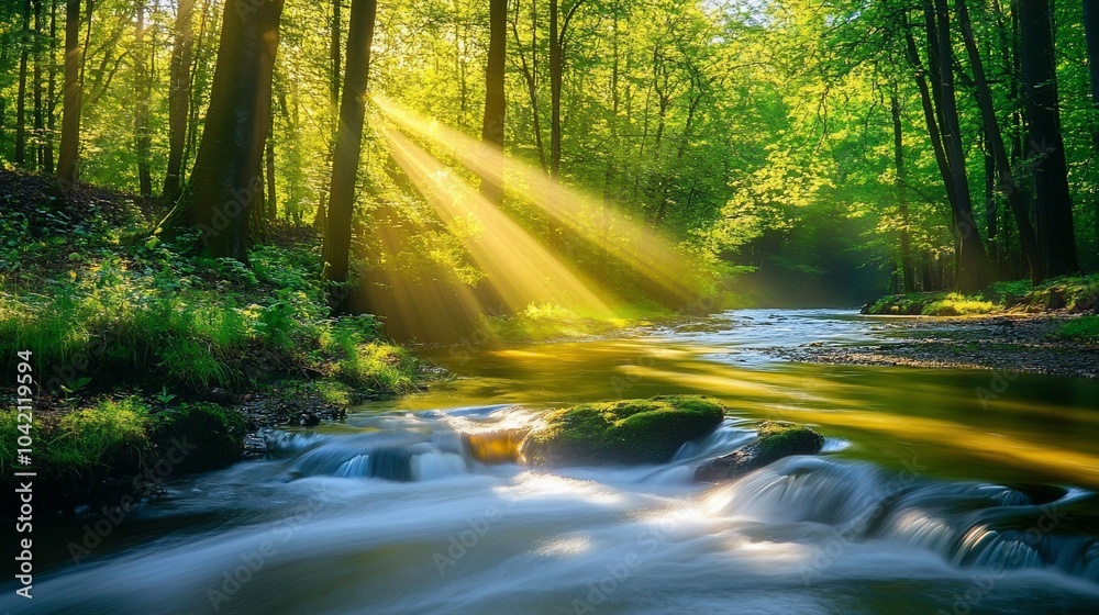 Naklejka premium Sun rays stream through a lush green forest, illuminating a flowing river and mossy rocks.