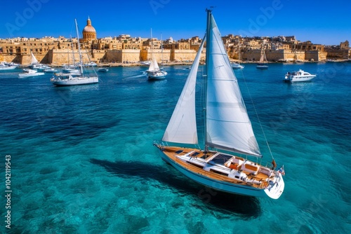 Sailing boats in Marfa Bay, with the Maltese islands in the background and clear blue waters reflecting the boats photo