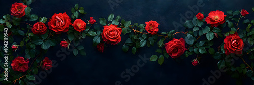 Wallpaper Mural Dark background wide banner with roses on vines and ivy. Romance-themed concept ideal for Valentine’s Day. Space for text to personalize designs. Vivid petals create a striking contrast Torontodigital.ca