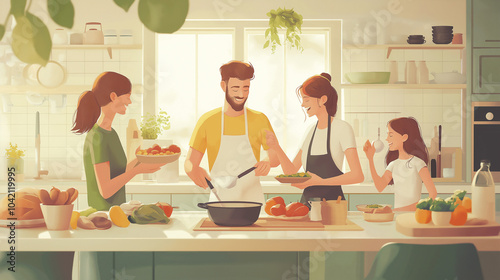 A happy family cooking together in a bright, modern kitchen, capturing love and togetherness in everyday moments