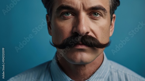 Close up portrait of a handsome older man with a big mustache on a blue background