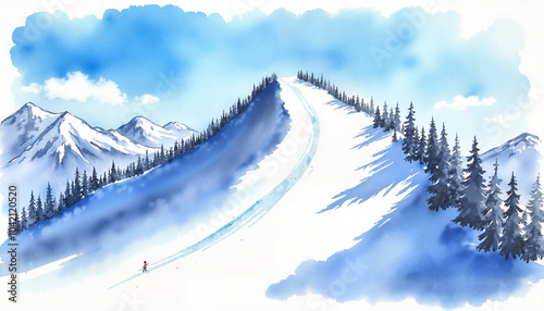 Snowy ski slope with a lone skier under blue sky and mountains illustrated in watercolor style