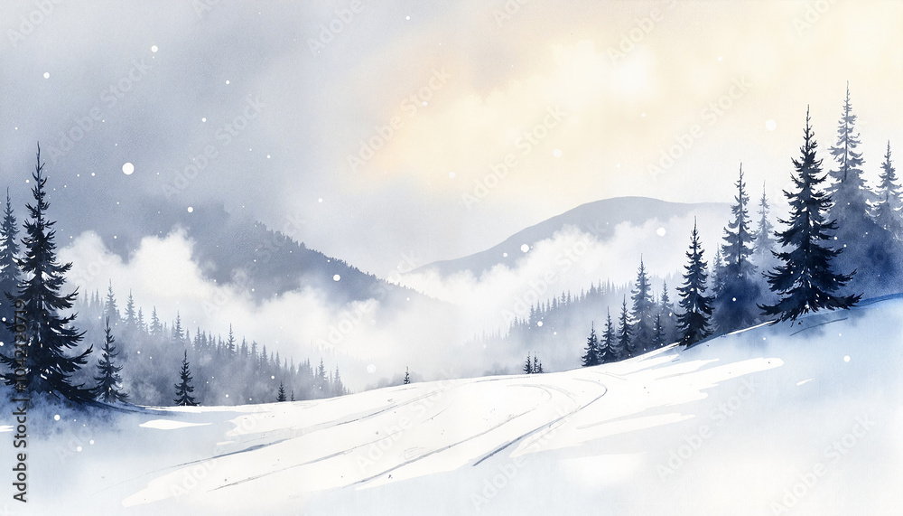Serene snowy landscape with misty hills and evergreen trees under soft light Serene snowy landscape with misty hills and evergreen trees under soft light