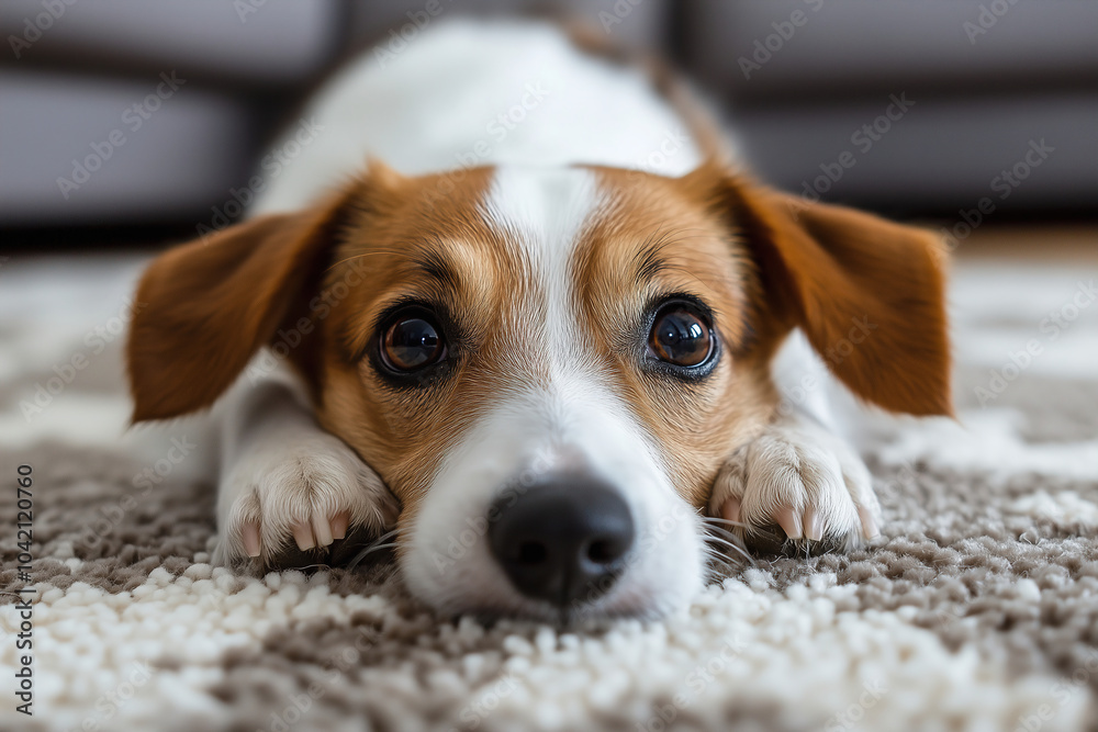 A curious dog rests its head on a cozy rug in a modern living room, capturing a moment of relaxation during the afternoon. Generative AI A curious dog rests its head on a cozy rug in a modern living room, capturing a moment of relaxation during the afternoon. Generative AI