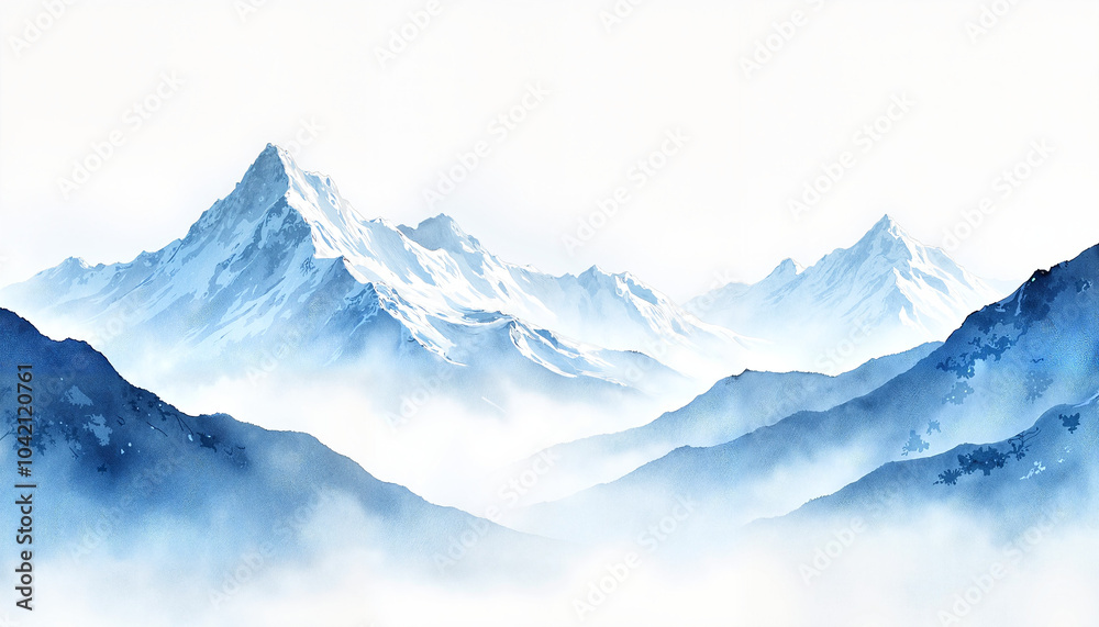 Fototapeta premium Snow-capped mountain range with misty valleys illustrated in soft blue and white tones