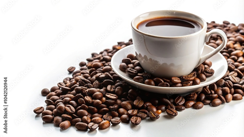 Cup of kona coffee with bean on white background at tilted angle Cup of kona coffee with bean on white background at tilted angle
