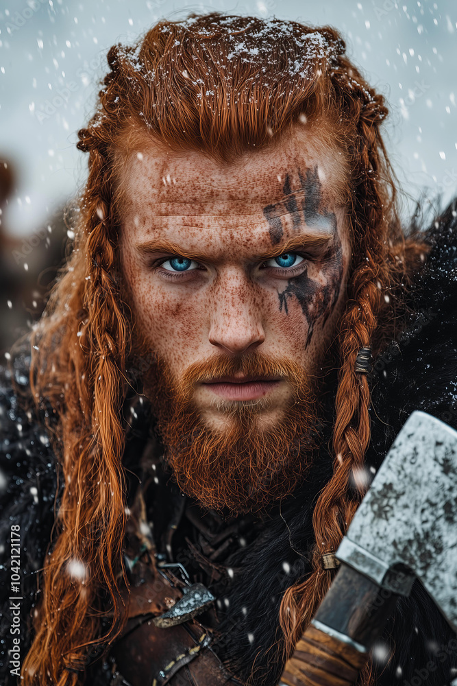 red-haired handsome Viking man with blue eyes, dressed in fur and leather , stands on the battlefield of an ancient battle. His hair is long and wavy. In his hands, he holds two axes. red-haired handsome Viking man with blue eyes, dressed in fur and leather , stands on the battlefield of an ancient battle. His hair is long and wavy. In his hands, he holds two axes.