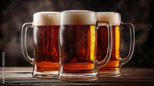 Three full beer mugs with condensation on a wooden table.