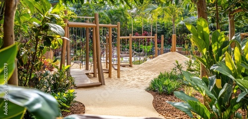 A nature-inspired playground featuring wooden climbing frames and sensory play areas with sand, surrounded by vibrant plant life and inviting pathways. photo