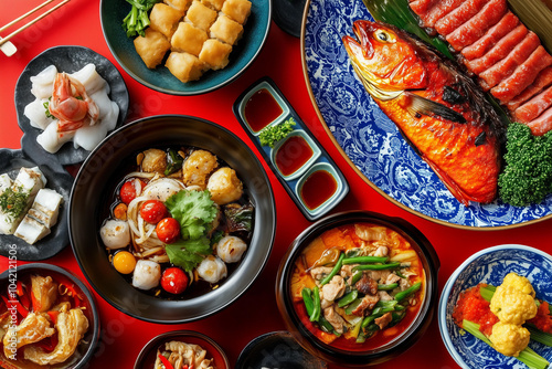 table set with traditional Chinese New Year dishes, including red braised fish and green egg cakes on the right side of the picture, while other items such as white meat rolls and vegetables