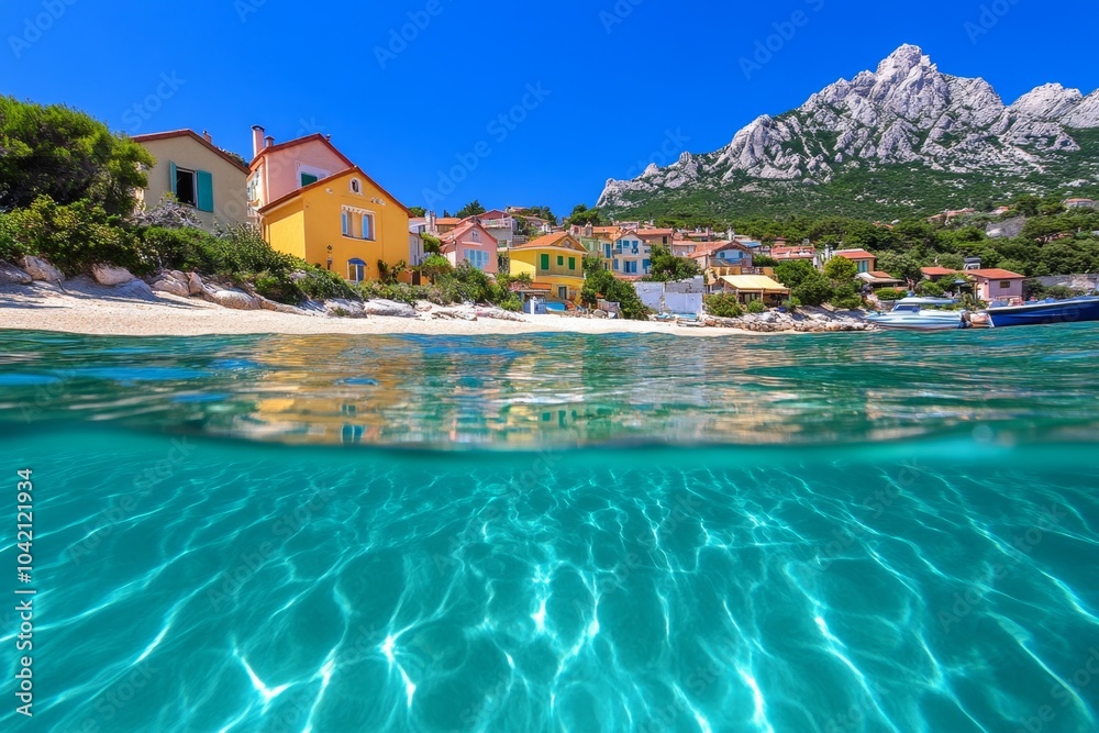 Fototapeta premium View of Popeye Village from the sea, showing the full scope of the village and the surrounding landscape