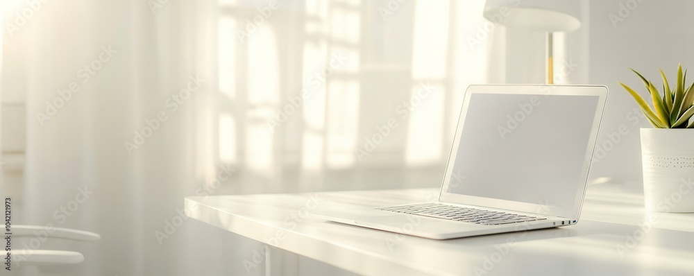 Laptop on white desk in sunny office space Laptop on white desk in sunny office space