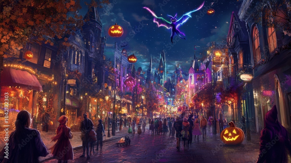 Obraz premium A vibrant Halloween street filled with colorful trick-or-treaters, glowing pumpkins, and neon witches flying overhead.