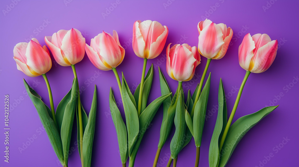 Pink tulips on a purple background, flat lay, concept design for Women's Day and Mother's Day, pink flowers, minimalistic, top view, pastel colors, high-resolution photography, incredibly detailed Pink tulips on a purple background, flat lay, concept design for Women's Day and Mother's Day, pink flowers, minimalistic, top view, pastel colors, high-resolution photography, incredibly detailed