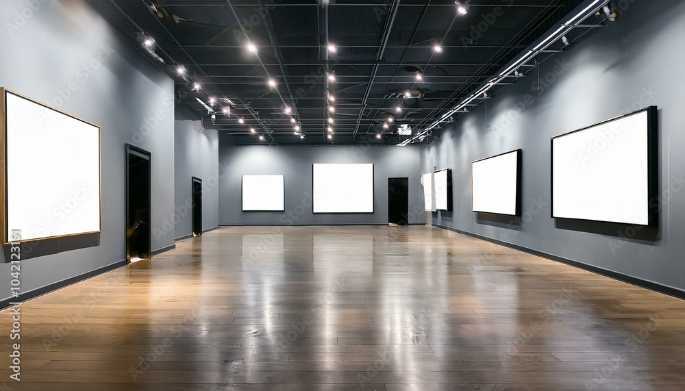 Spacious art gallery with large blank canvases. Modern interior design for exhibitions. Generative AI Spacious art gallery with large blank canvases. Modern interior design for exhibitions. Generative AI