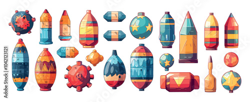 Bombs cartoon vector set. Missiles rockets dynamite tnt explosive grenades military ammo weapon, devastation detonation demolition warfare battle ammunition, isolated illustrations